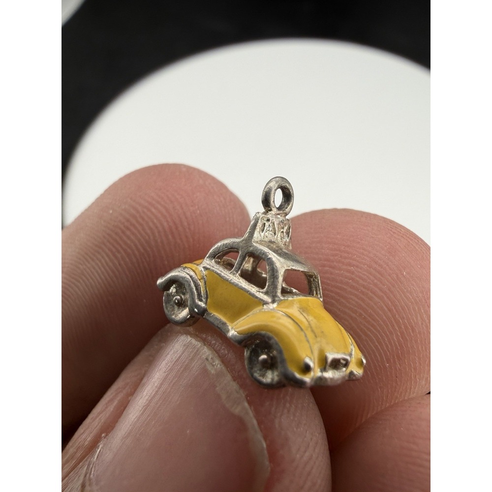 Vintage Small Sterling Silver And Yellow Enamel Taxi Cab Car Charm Pendant